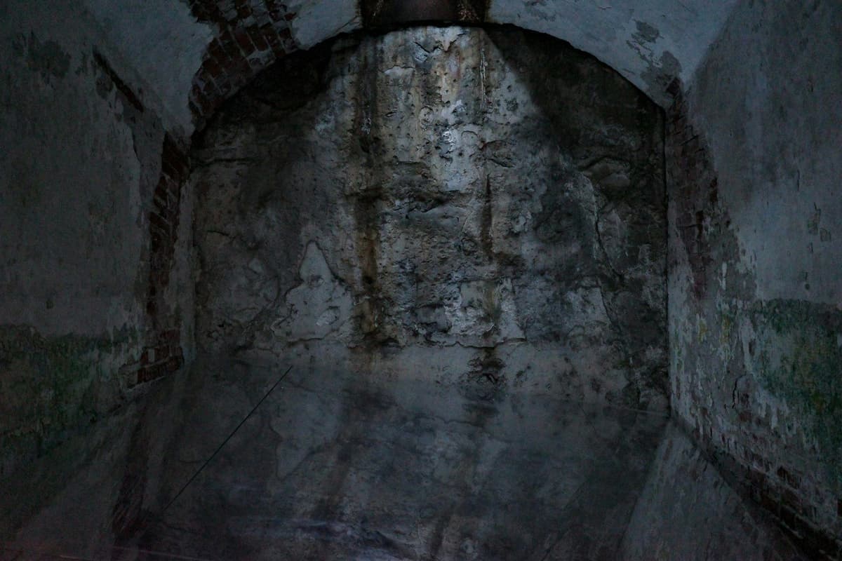 Grungy, damp, arched wall in a dark, abandoned building.