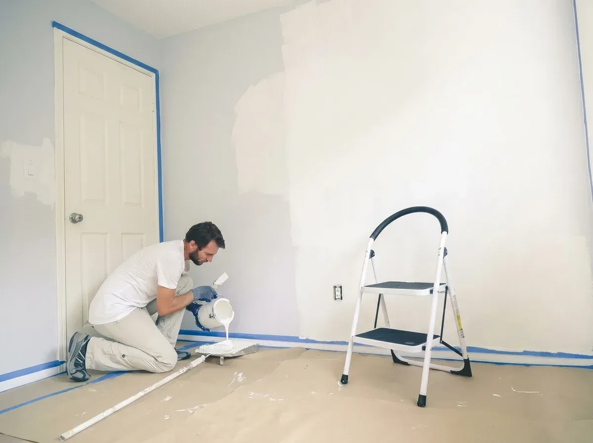 Pintor preparando y alisando una pared