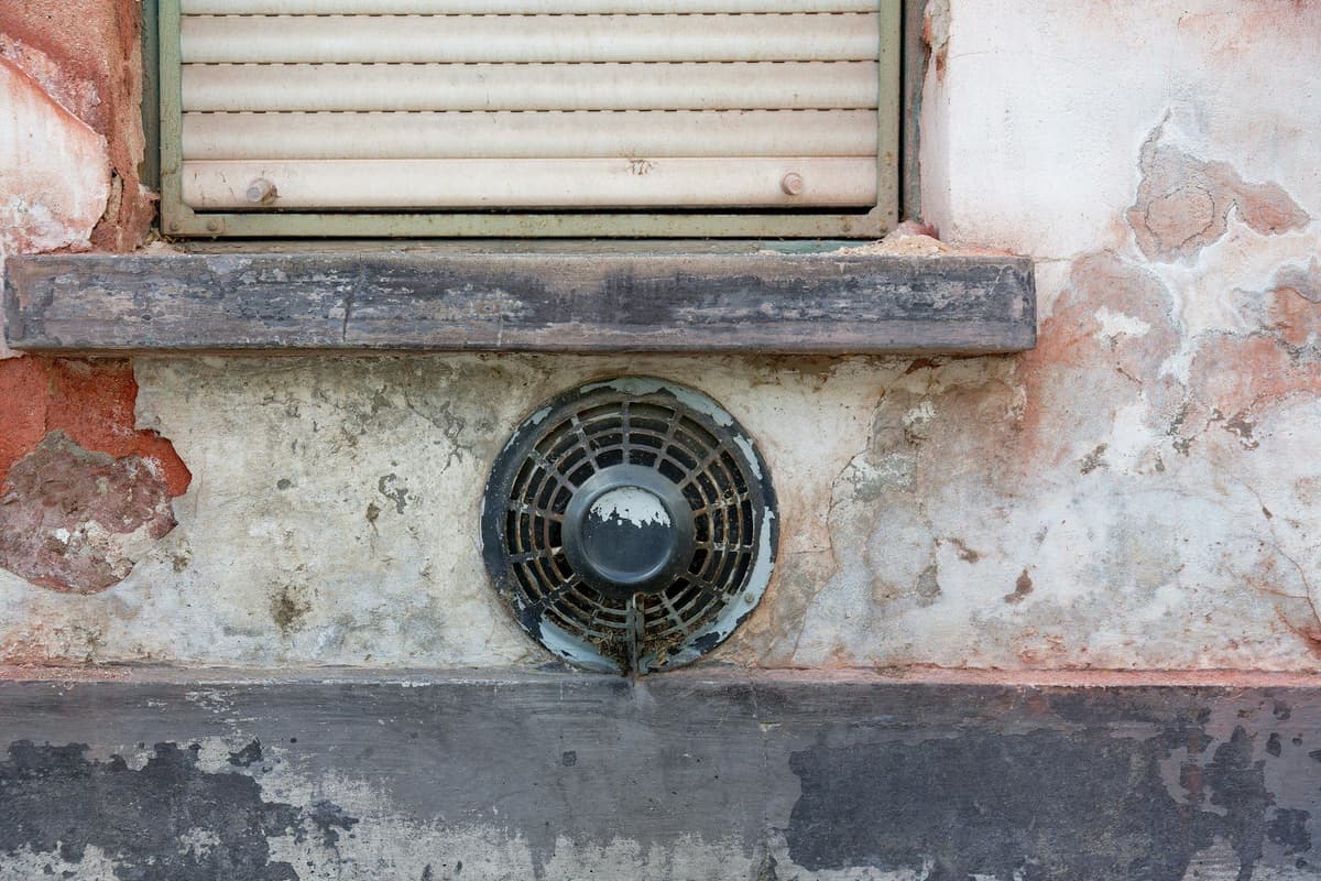 Grungy exterior wall with a vent and window shutter.