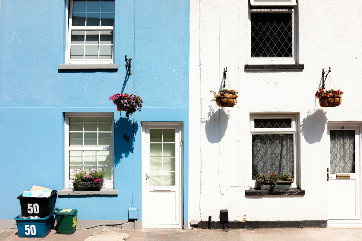 A blue and a white building with flowers on the windows