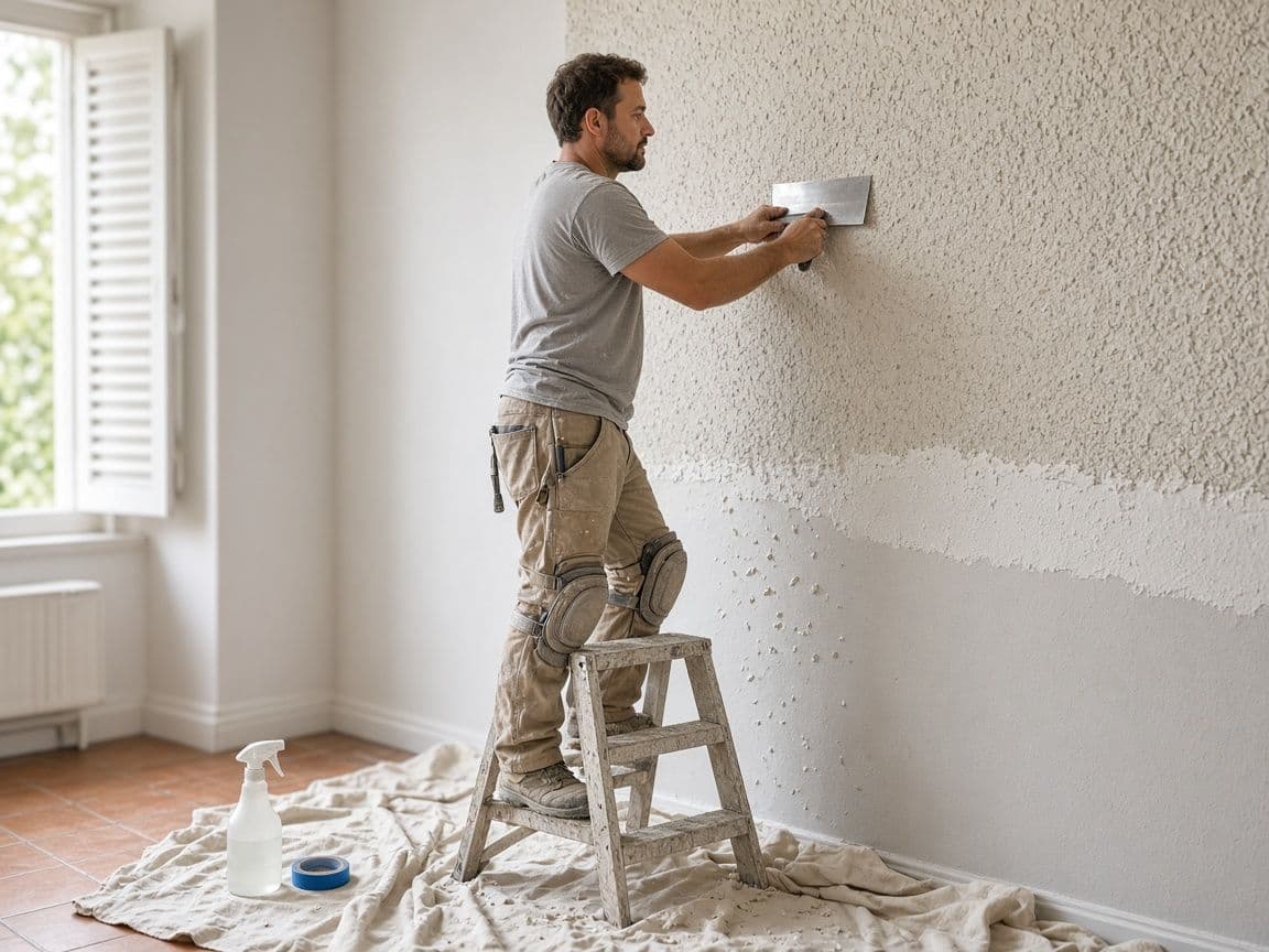 Pintor rascando el gotelé de una pared interior con una espátula ancha