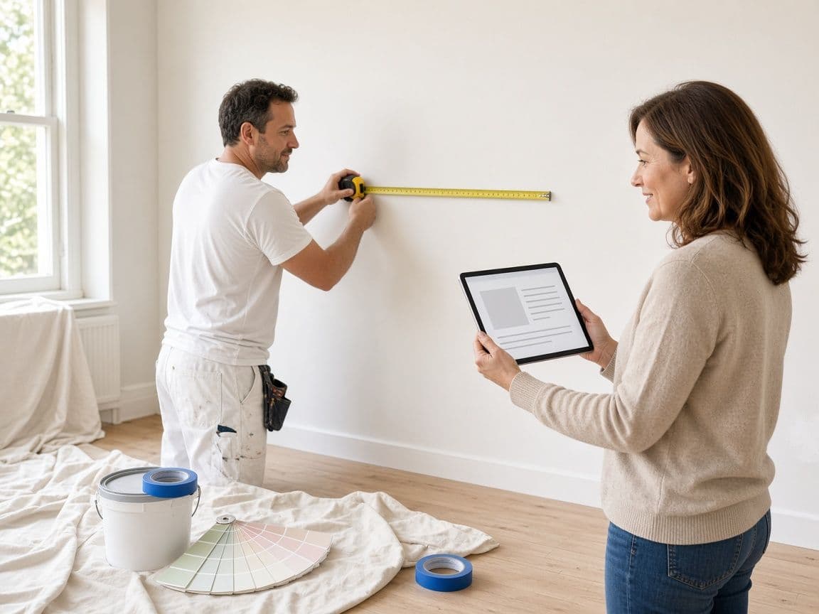 Pintor midiendo una pared para preparar el presupuesto