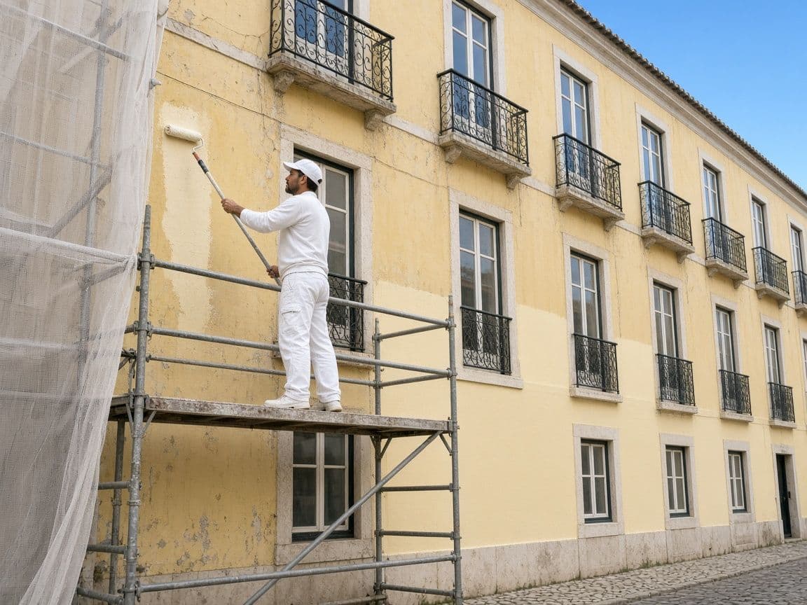 Pintura de la fachada de un edificio con andamios